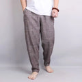 Men's retro linen harem pants solid colour elastic waist brown linen gray polyester fibre fabric