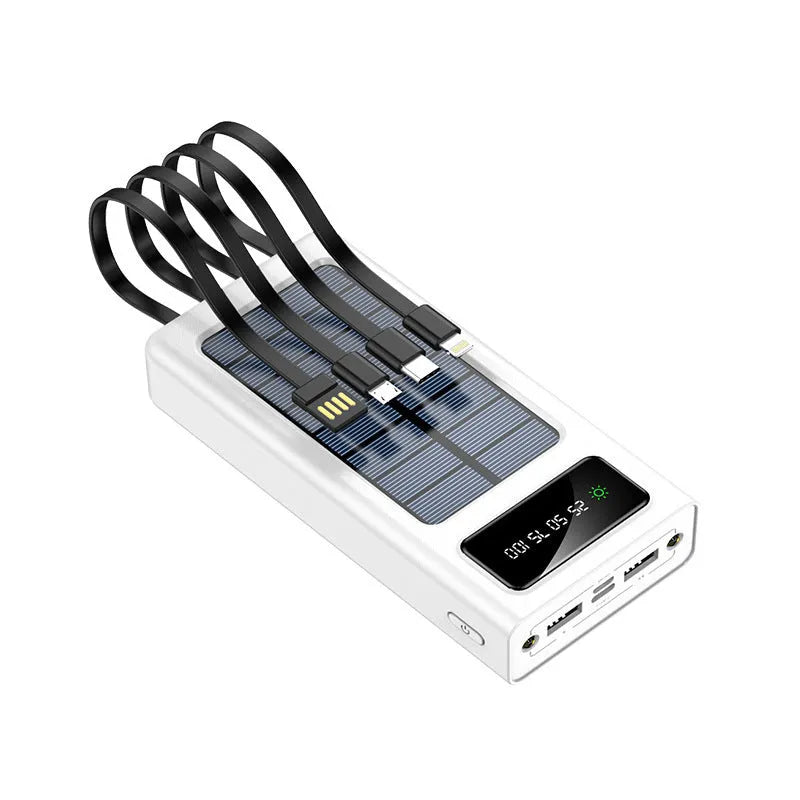 Solar power bank 10000mAh with digital display, white plastic shell, four-wire solar charger