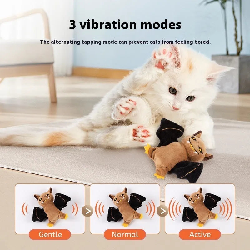 Rechargeable electric sound cat plush toy with swing wings in Halloween Bat style with catnip elastic string