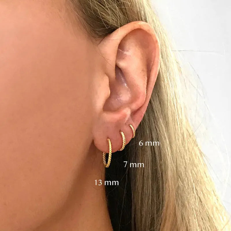 S925 sterling silver twist ring earrings in gold or white gold finish, available in 6mm 7mm 8mm 13mm sizes
