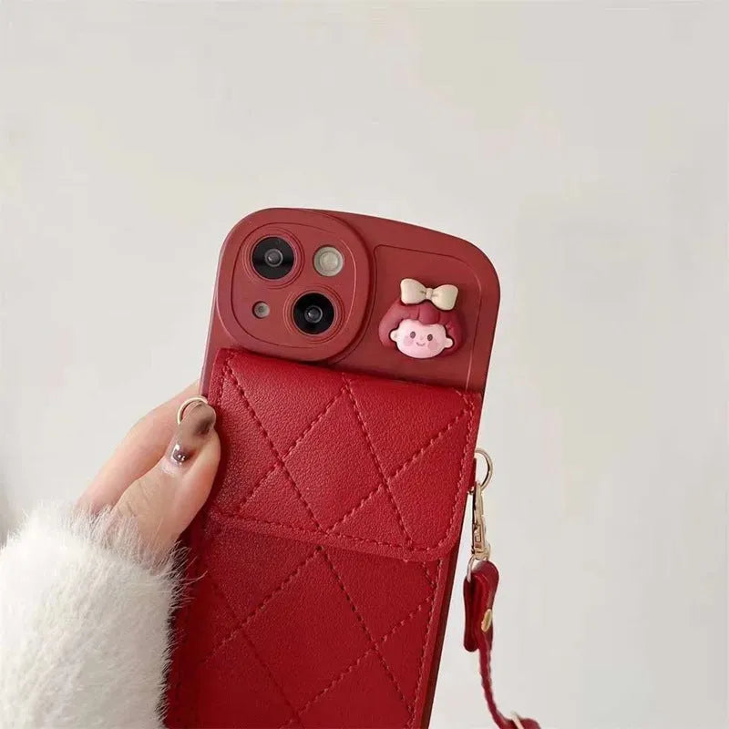 Red crossbody card holder phone case with lanyard and red diamond plaid TPU finish for iPhone