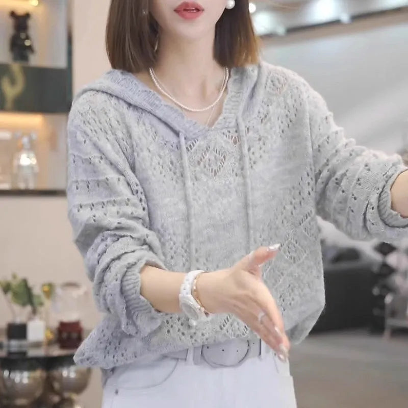 Women's crochet hollow longsuit undershirt in blue colour with hooded pullover design