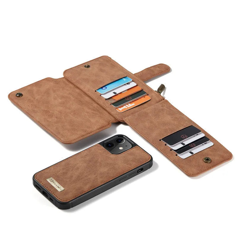Imitation leather split flip case for Apple iPhone in black showing flip cover and machined finish