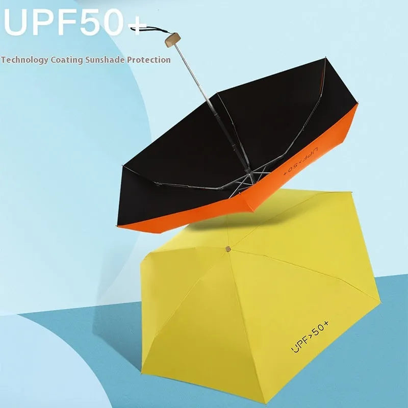 Closed five-fold compact sun umbrella with a rubber handle, shown in a selection of colours including black, yellow, green, and pink.