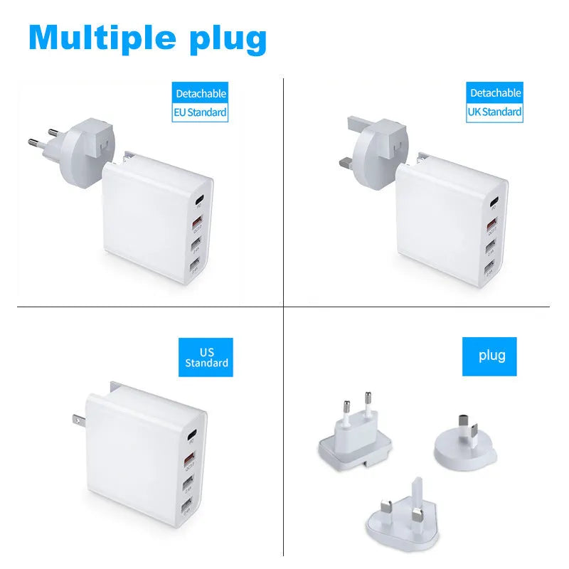 White fast charge USB wall charger with multiple ports including PD and QC