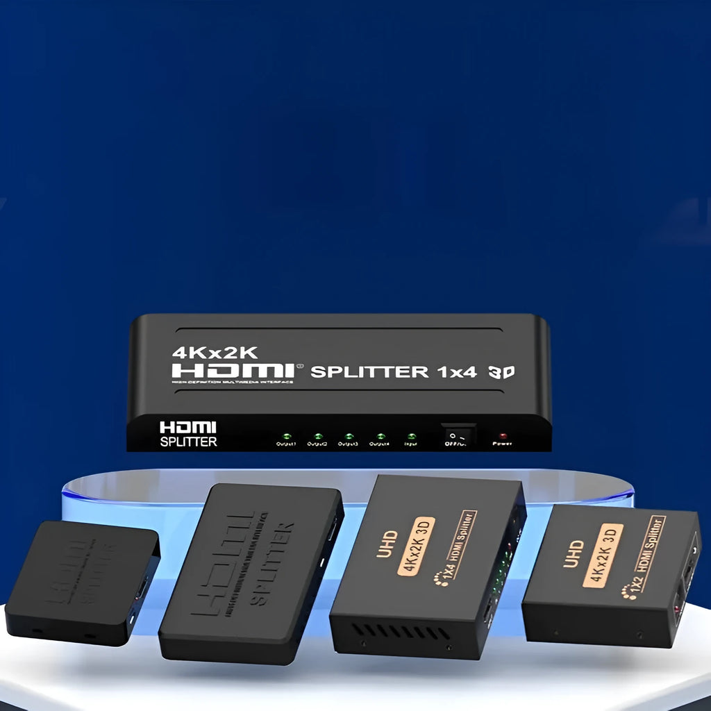 HDMI one input two output 4K video splitter with US plug, EU plug, and USB cable options