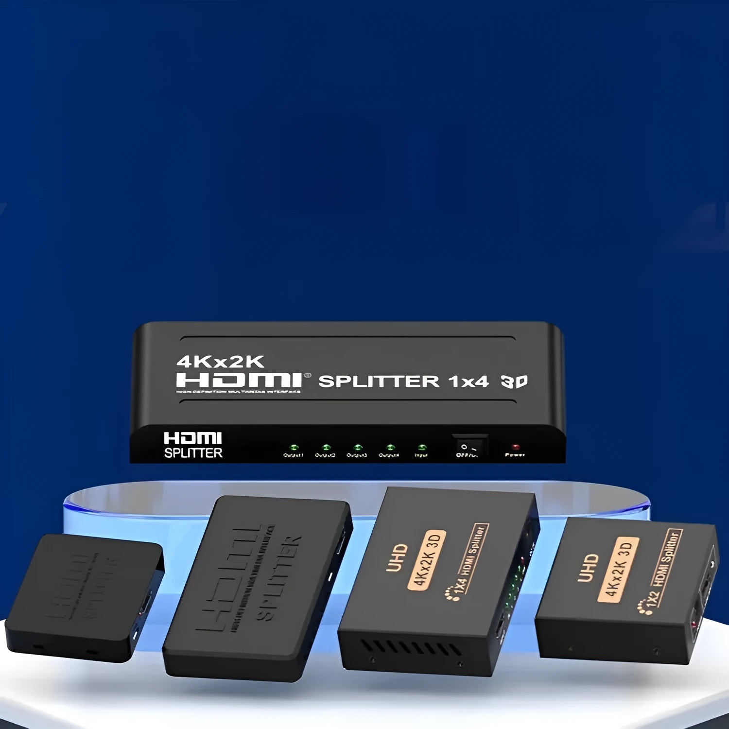 HDMI one input two output 4K video splitter with US plug, EU plug, and USB cable options