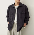 Men's long sleeve lapel collar shirt in chemical fibre blend fabric, shown in light sand rice colour.