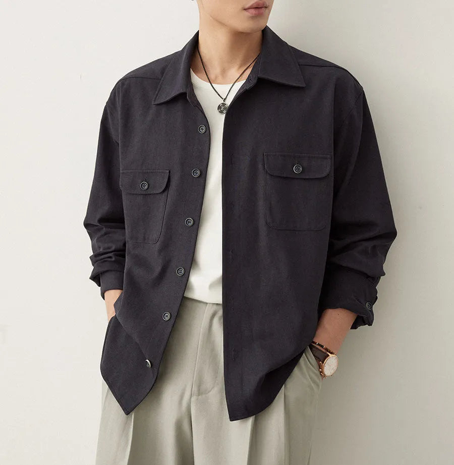 Men's long sleeve lapel collar shirt in chemical fibre blend fabric, shown in light sand rice colour.