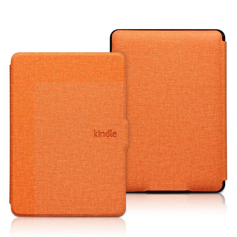 Linen-textured hard case for Kindle e-reader with magnetic closure, shown in purple colour.