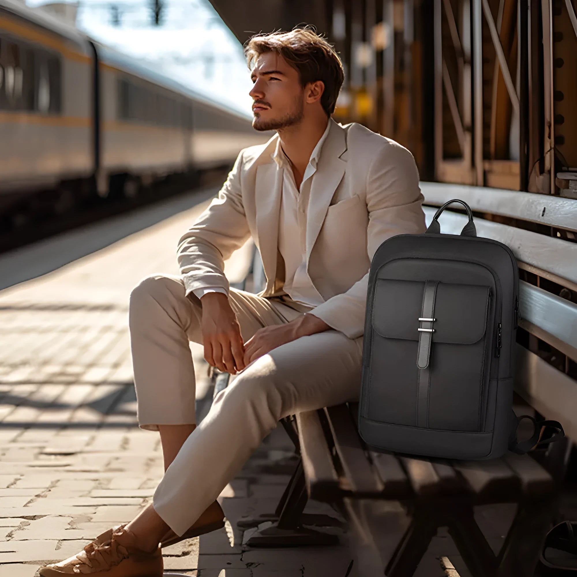 Black lightweight Oxford cloth backpack with visible sewing lines for business commuting