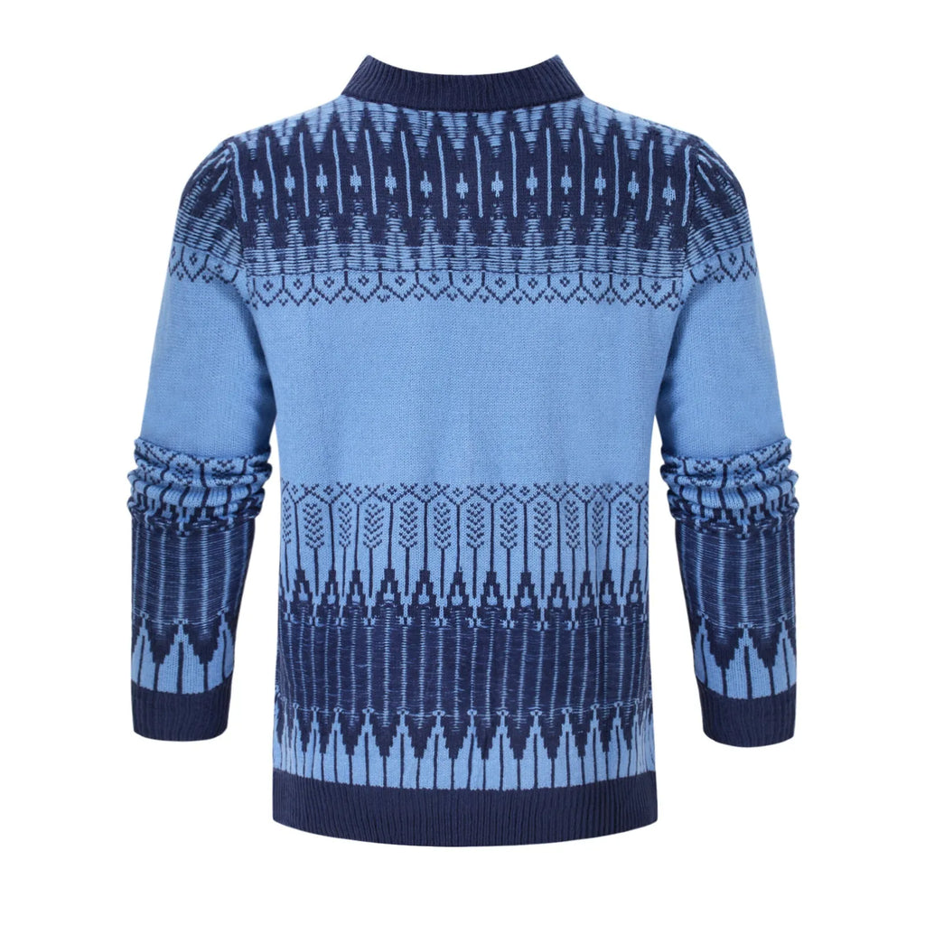 Men's grey knitted pullover sweater with ribbed cuffs and hem on a hanger