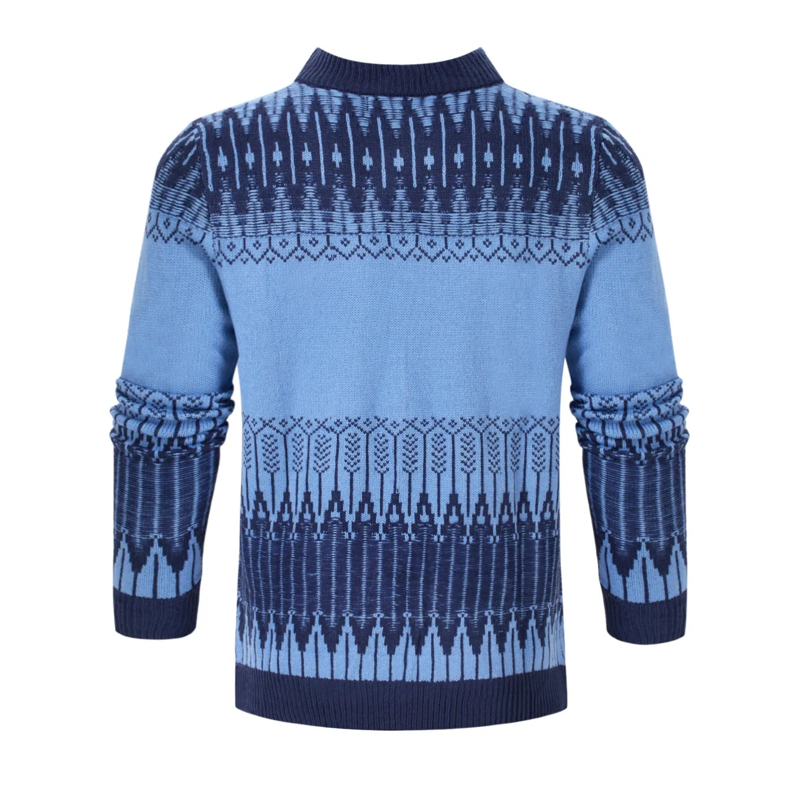 Men's grey knitted pullover sweater with ribbed cuffs and hem on a hanger