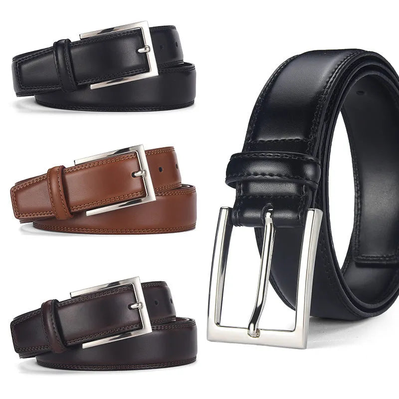 Men's leather belt with alloy pin buckle in genuine cowhide showing classic black colour option