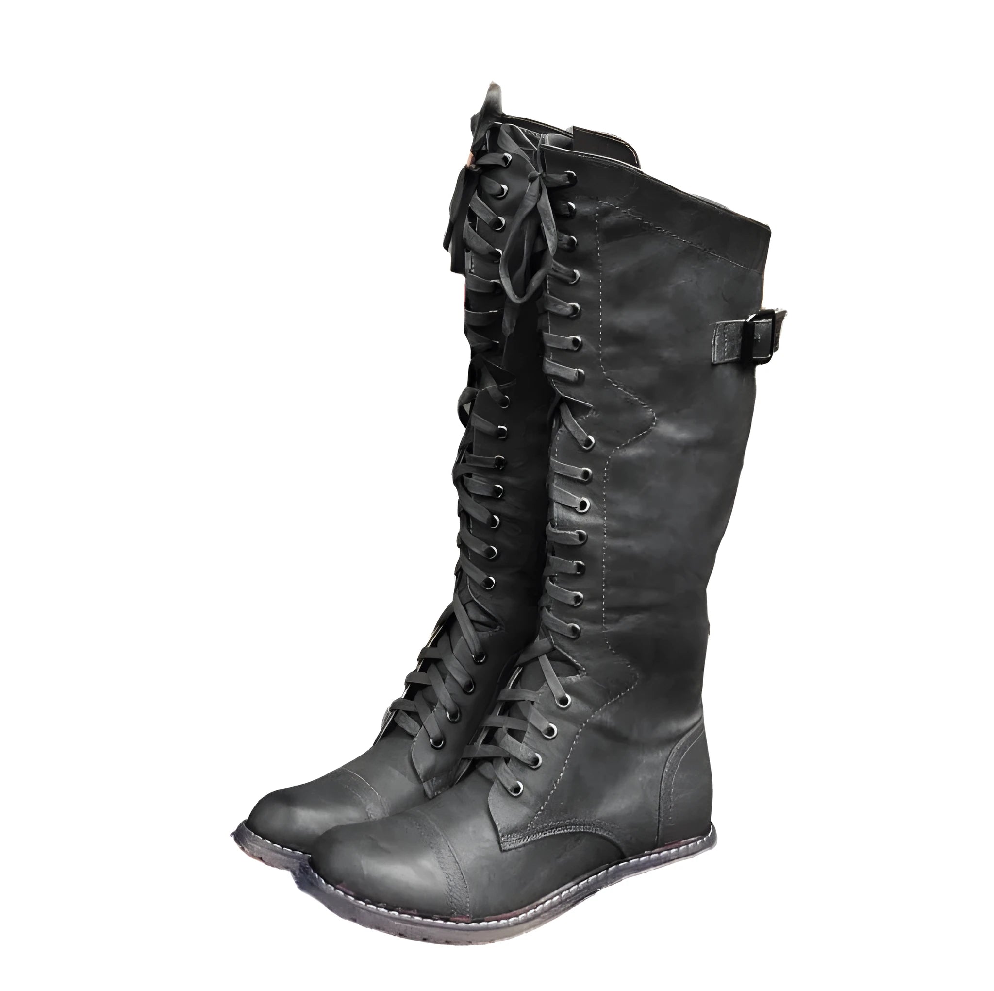 Women's black knight ankle boots with a cross strap over the instep, made from artificial PU.