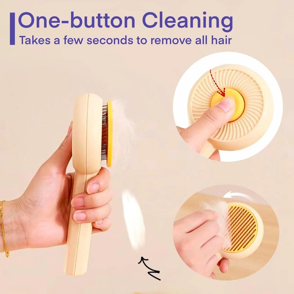 Blue and yellow pet grooming brush with angled bristles and self-cleaning button
