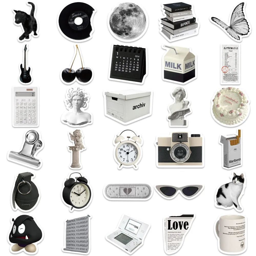 Black and white PVC waterproof sticker set with 61 pieces for multiple surfaces