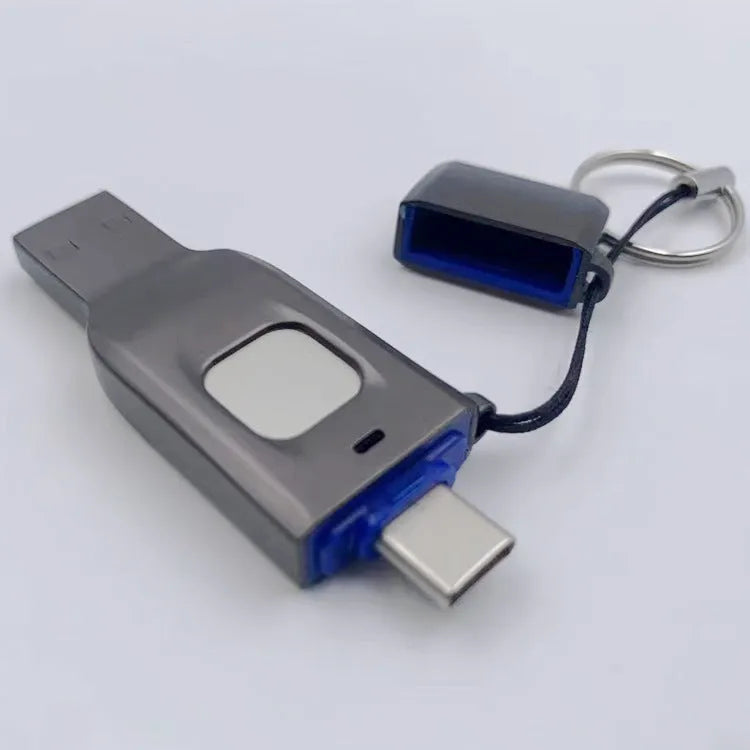 Black metal fingerprint encrypted USB flash drive with USB 3.0 and USB-C connectors.