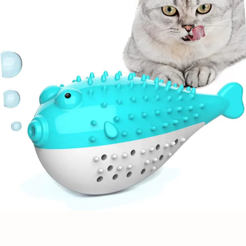 Mint Toys blue silicone fish-shaped cat chew toy with built-in toothbrush cleaner