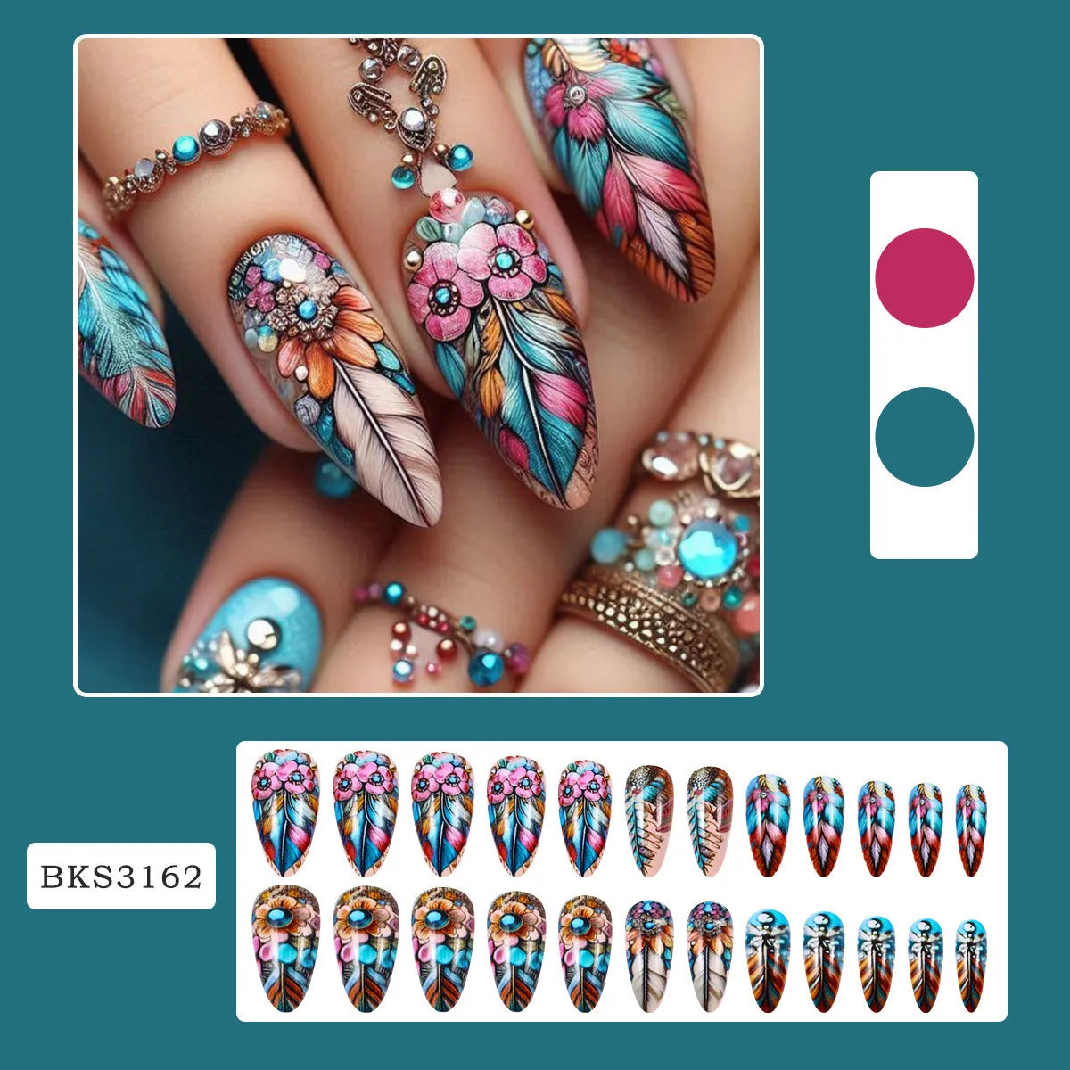 Colourful retro nail art stickers with feather, cartoon flower, heart, and butterfly designs on a plastic sheet.