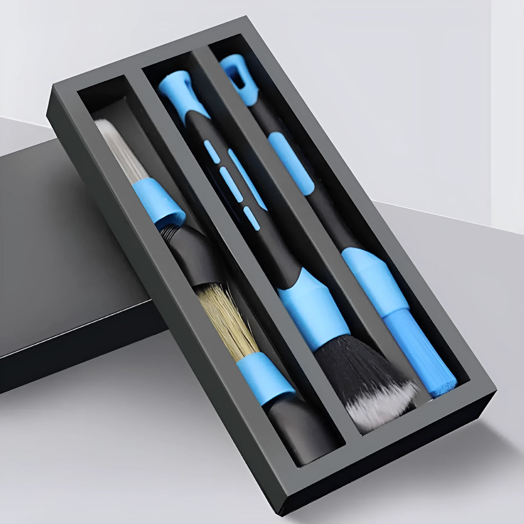 Blue detachable car wash brush set with four brush heads, two handles, and two elbows for hub gap cleaning