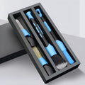 Blue detachable car wash brush set with four brush heads, two handles, and two elbows for hub gap cleaning