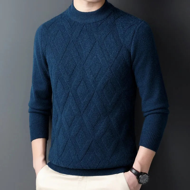 Men's plus size diamond jacquard pullover sweater in light camel colour for winter.