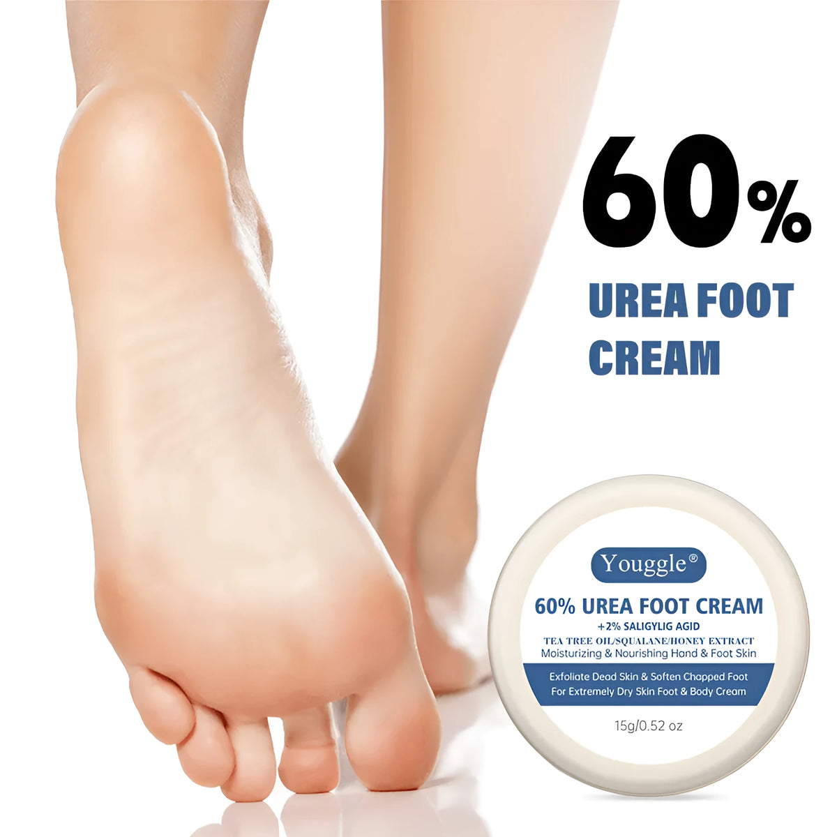 Tube of 60% urea foot cream for cracked heels and dry skin, 15g