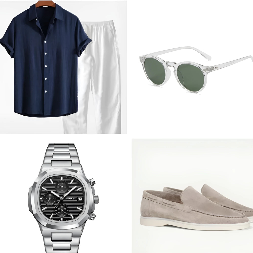 Navy blue casual cotton linen short sleeve summer suit with glasses, shoes, and watch accessories