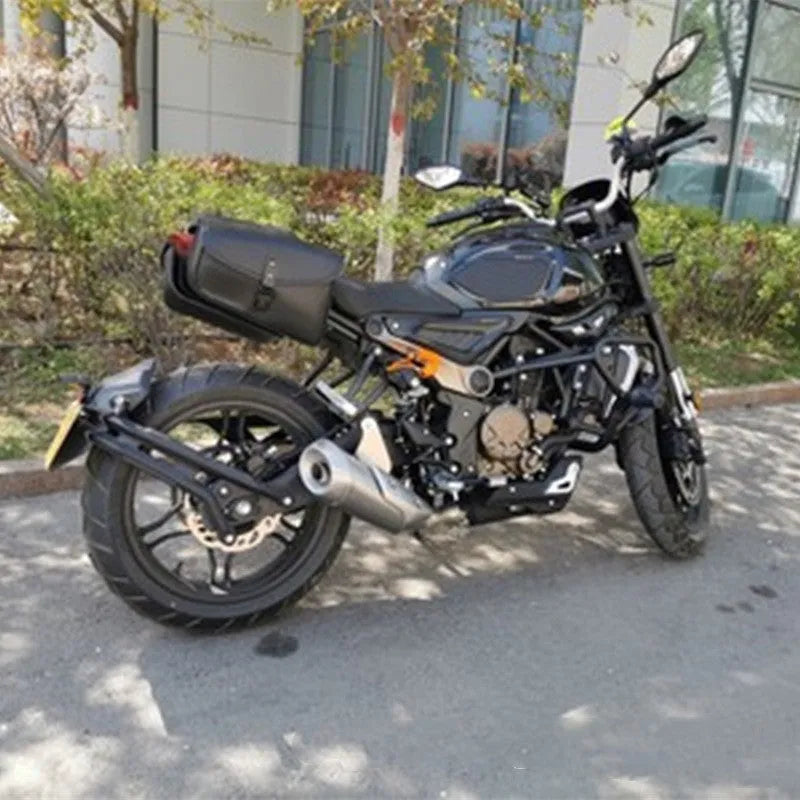 Black PU leather motorcycle swingarm storage bag mounted on Harley-Davidson Sportster showing 30x24x20cm dimensions