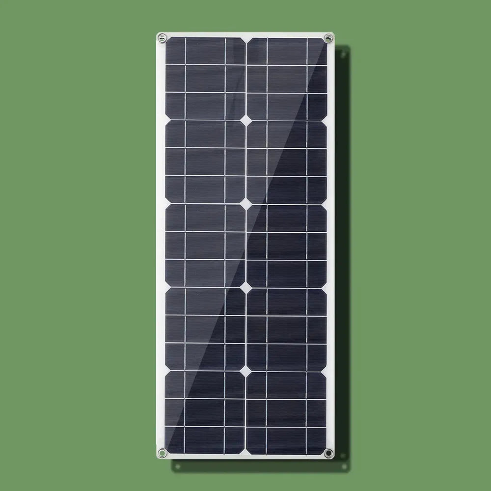 30W semi-flexible solar panel with USB and DC charging ports for outdoor use.