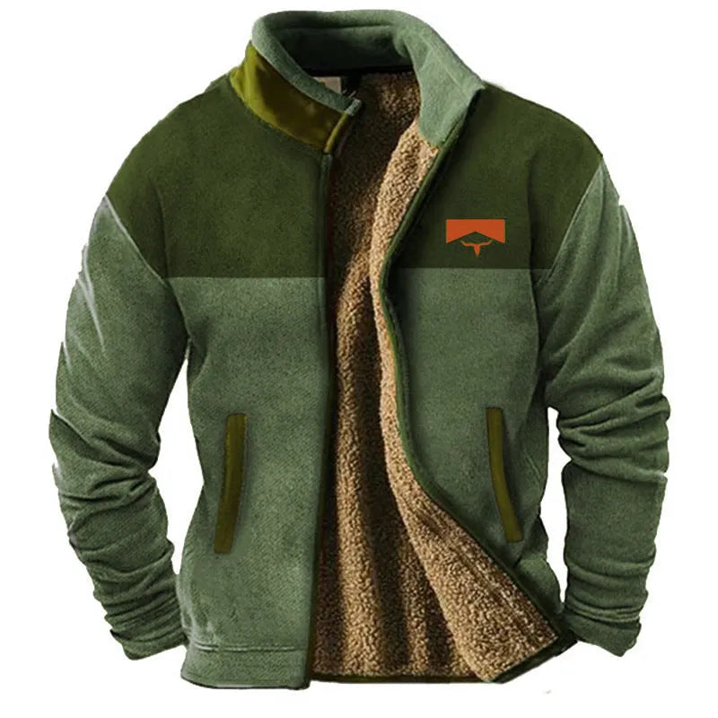 Men's polyester padded coat with fleece lining in blue, green, or light brown