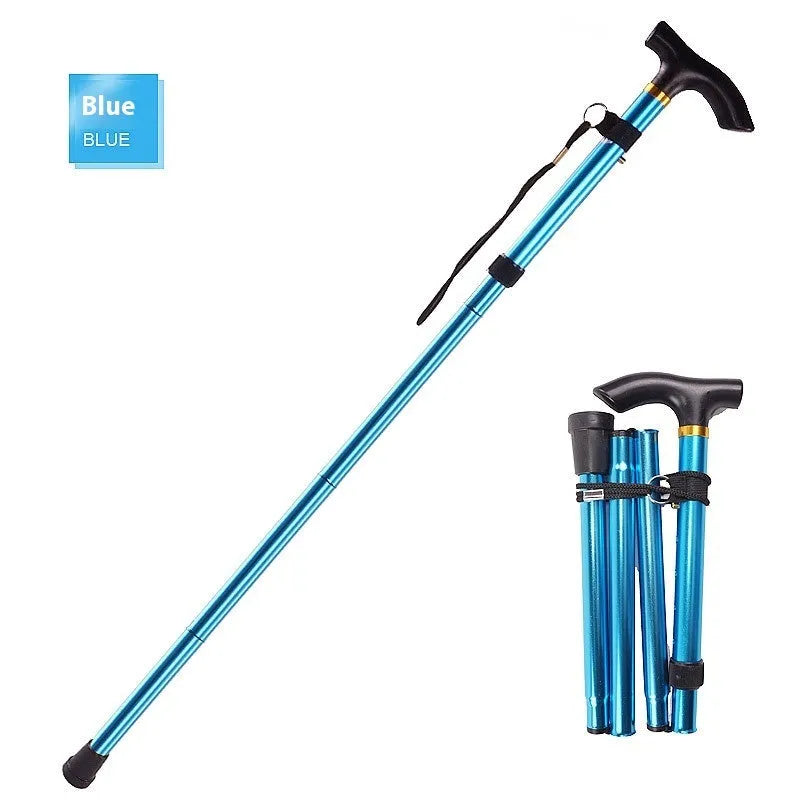 Aluminium folding walking stick with adjustable length and non-slip handle in six colour options
