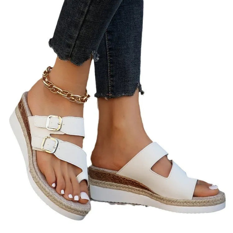 White woven patent leather wedge sandals with peep toe and finger fit design