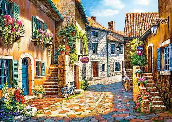 Hand-painted rimless landscape oil painting on linen canvas displayed on a wall