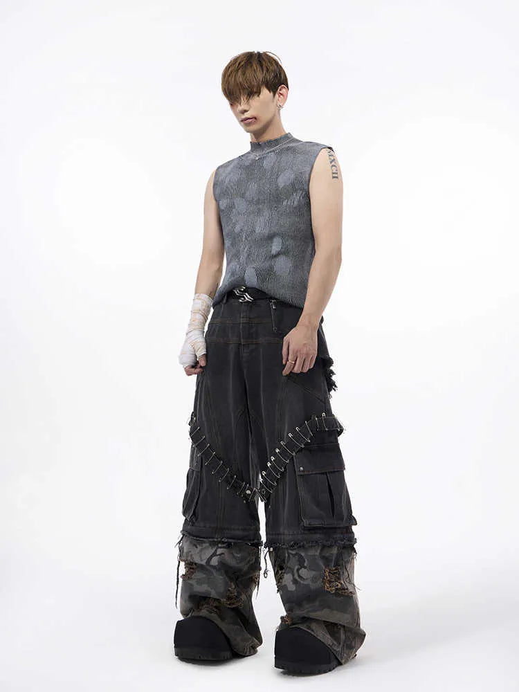 Men's black and silver pastebrushing wool sleeveless vest with a stand turtleneck collar.