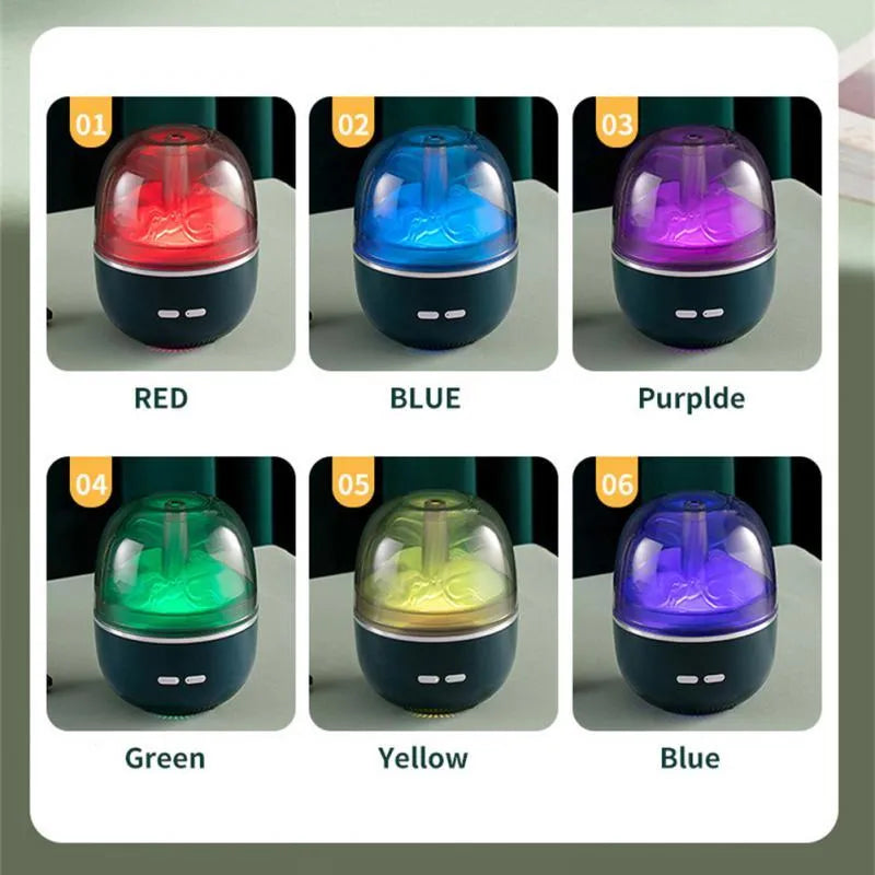 Green ultrasonic humidifier with colourful gradient light on desk showing heavy mist output