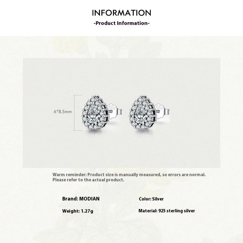 Women's silver water drop ear studs with diamond finish and 925 sterling silver construction