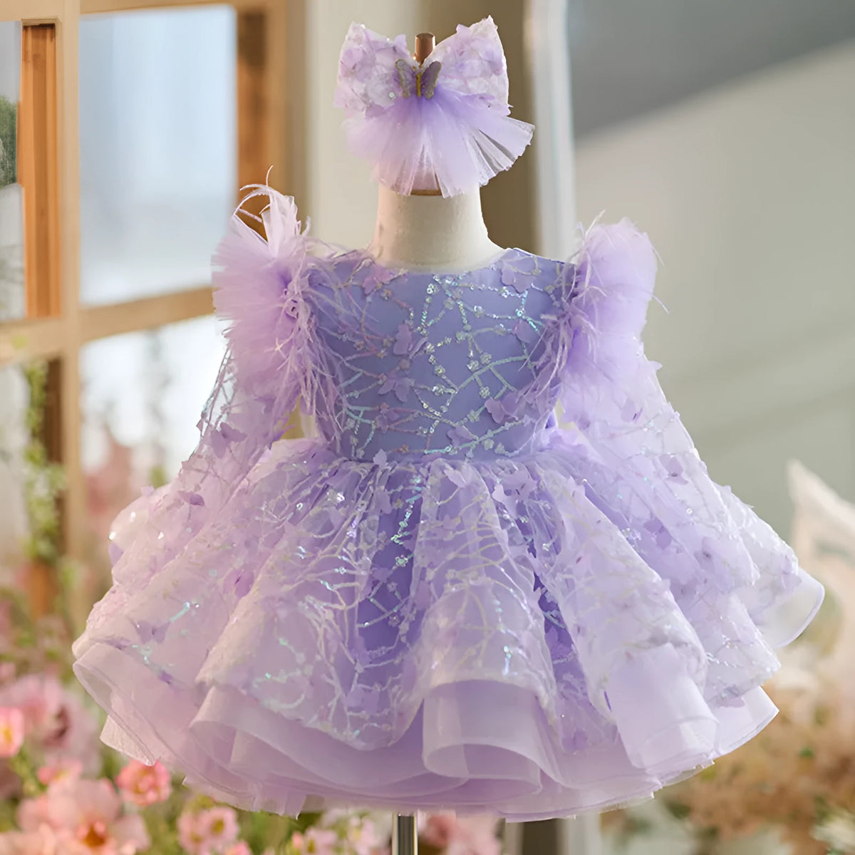 Butterfly sequined long sleeve princess dress for children in dream purple colour, suitable for heights 80cm to 160cm