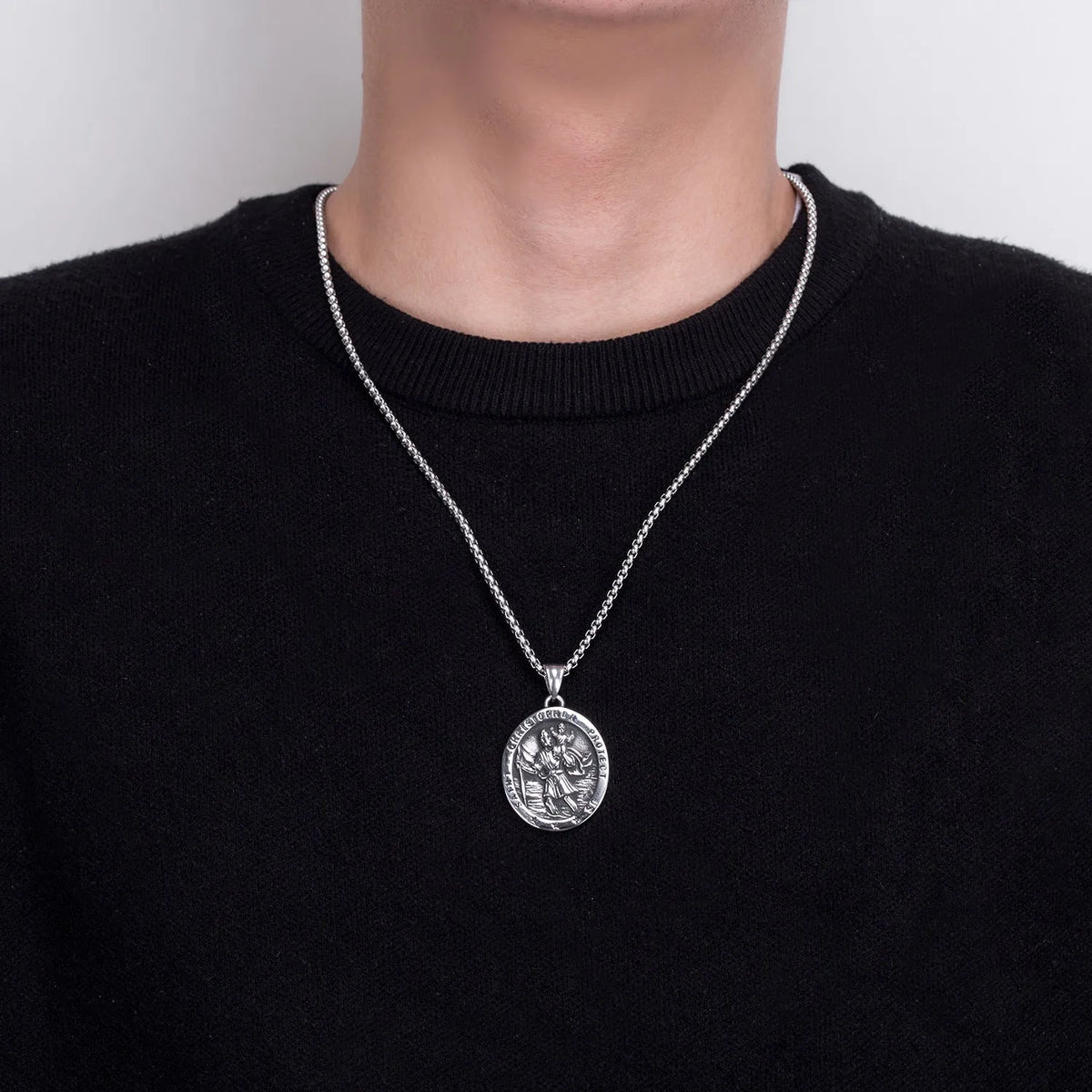 St Christopher titanium steel pendant necklace with 60cm steel colour chain, geometric unisex design