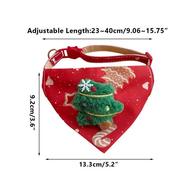 Red Christmas pet handkerchief scarf with Santa Claus and Christmas tree appliques, adjustable collar fit 9.06-15.75 inches.