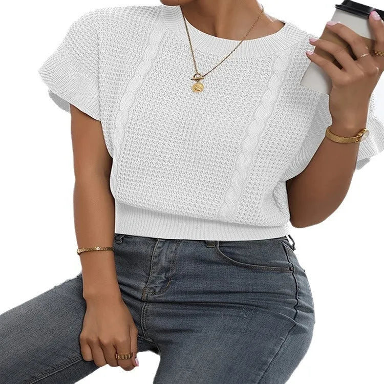 Loose round neck knitted pullover sweater with ruffled short sleeves in khaki colour