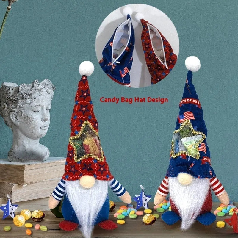 Two faceless baby doll Christmas decorations in suit costumes with Rudolf sack design
