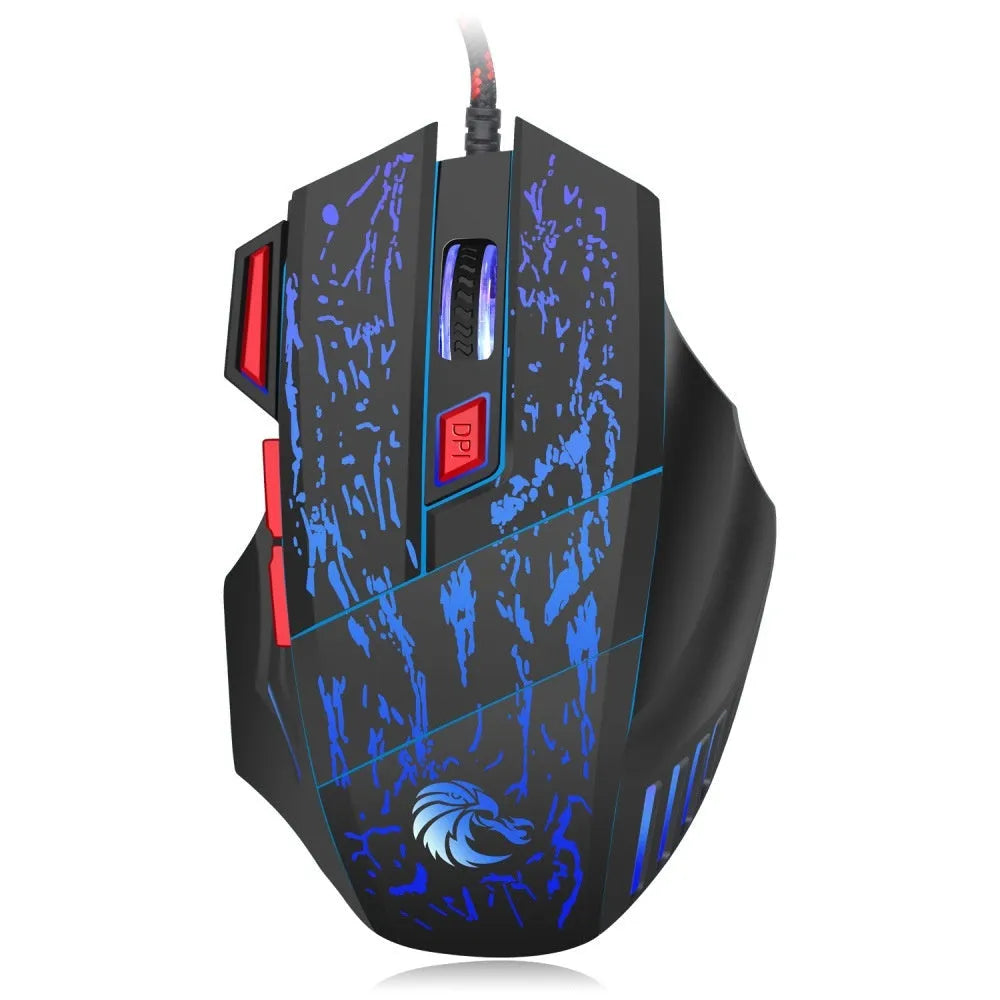 Black gaming mouse with colourful luminous lighting effects and USB cable