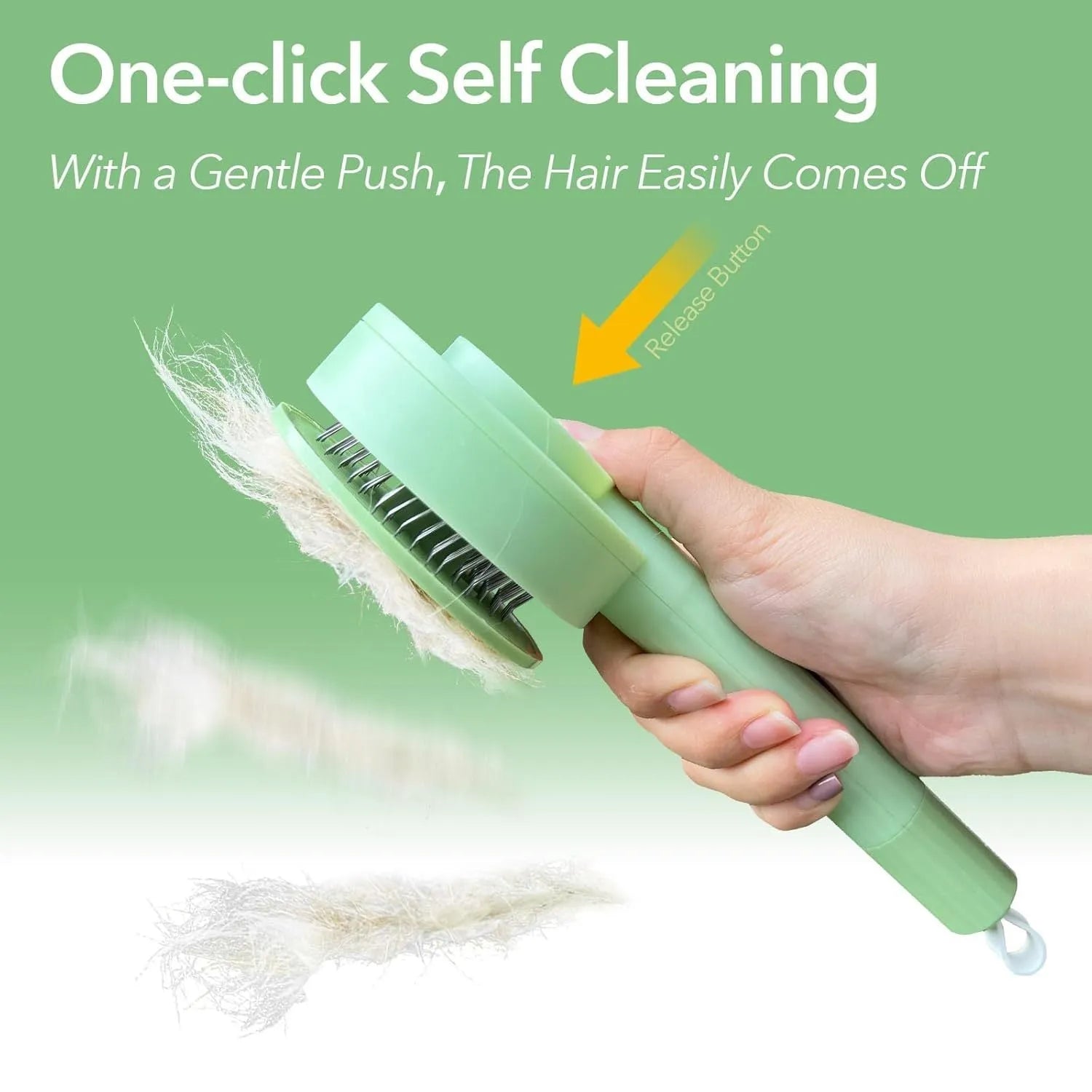 Green and yellow 2-in-1 stainless steel pet deshedding brush with hanging loop