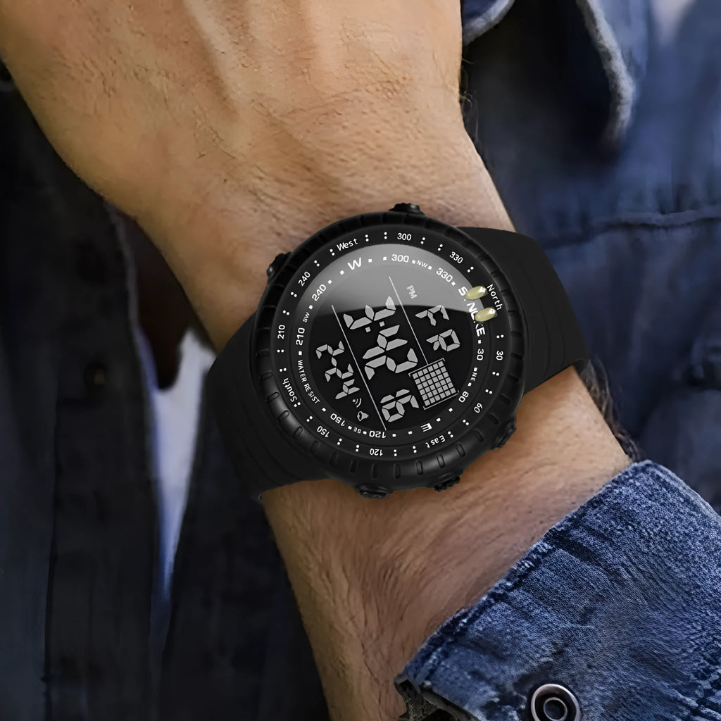 Black men's digital outdoor watch with large dial and PU strap on a wrist