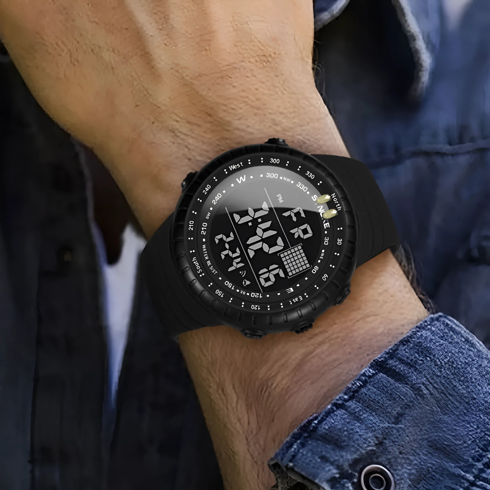 Black men's digital outdoor watch with large dial and PU strap on a wrist