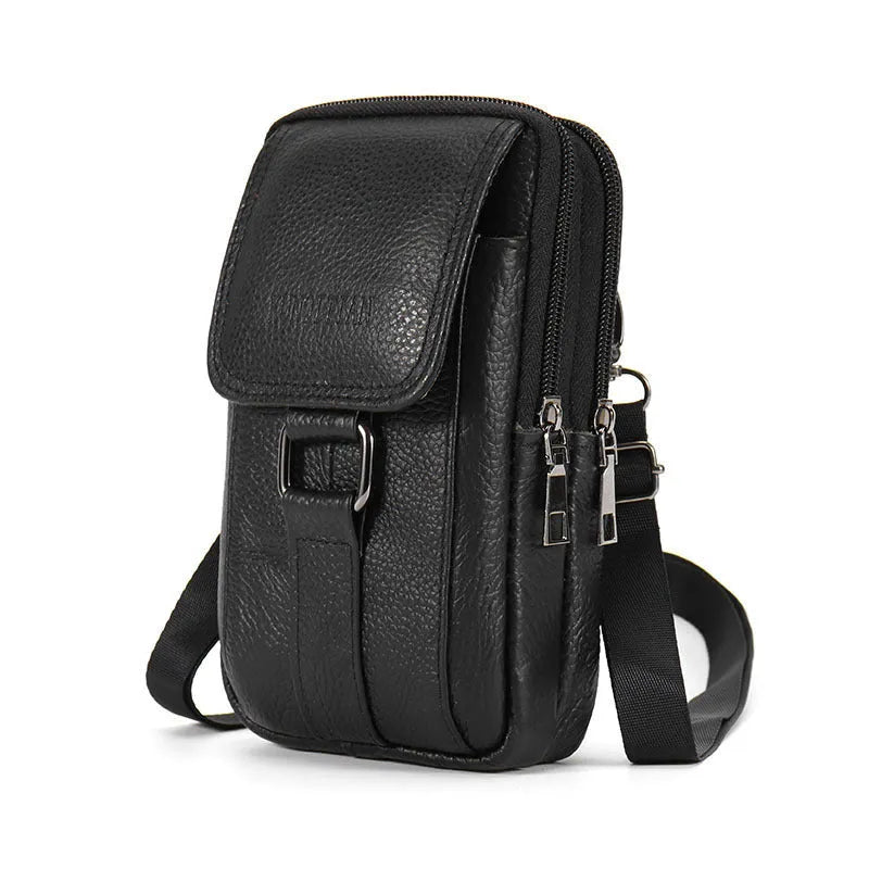 Genuine leather men's mobile phone waist bag in square vertical shape with sewing line detailing black large size