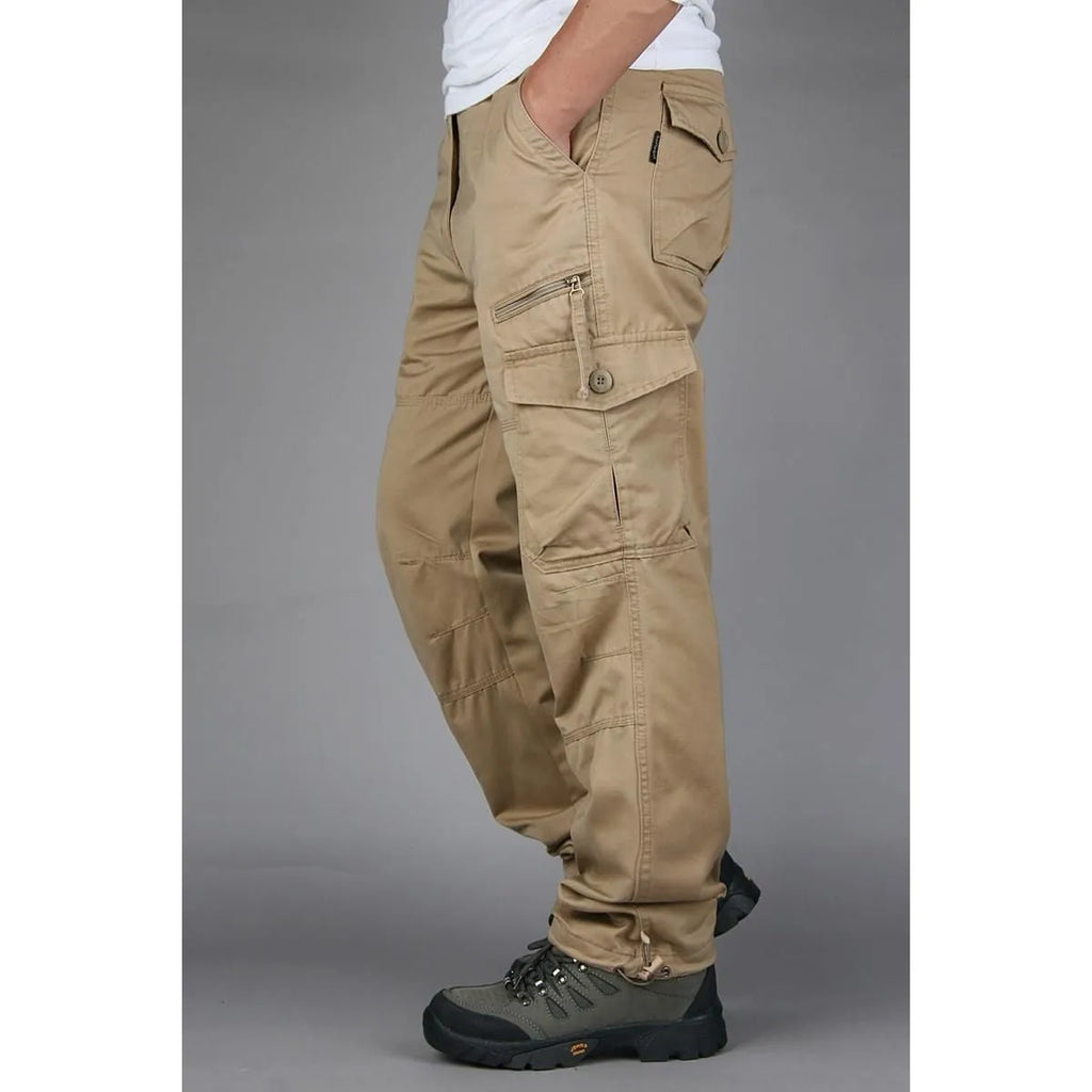 Men's loose spring autumn outdoor overalls in solid colour khaki with zip placket mid waist cotton blend