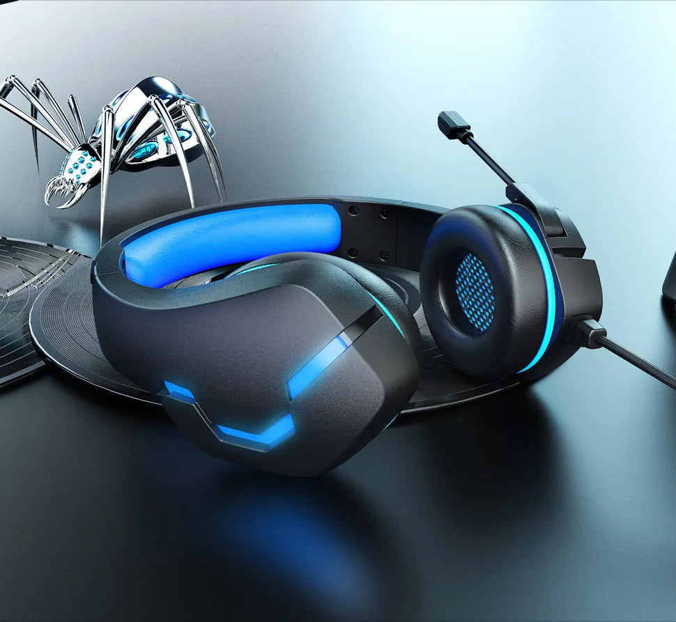 J10 3.5mm wired gaming headset with microphone and LED lights in blue
